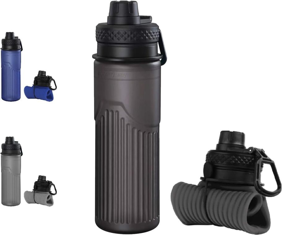 Collapsible Water Bottle, Sport Water Bottle 24oz, Reuseable BPA Free Silicone Foldable Water Bottles Leak-proof Portable Water Bottle for Travel, Gym, Hiking, Office, Camping (Black)