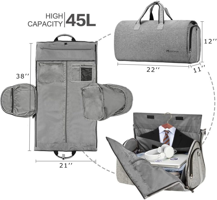 Convertible Garment Bag with Shoulder Strap, Carry on Garment Duffel Bag for Men Women - 2 in 1 Hanging Suitcase Suit Travel Bags (Grey) - Image 2